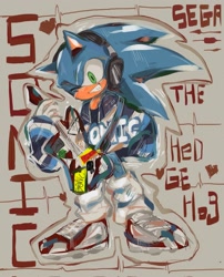 Size: 1655x2048 | Tagged: safe, artist:tamjeong_sonic, sonic the hedgehog, 2025, alternate outfit, alternate shoes, character name, fashion, grey background, grin, guitar, headphones, heart, holding something, jacket, looking at viewer, simple background, smile, solo, standing, wink