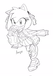 Size: 1414x2048 | Tagged: safe, artist:tamjeong_sonic, amy rose, 2025, alternate outfit, alternate shoes, cardigan, character name, greyscale, heart, looking at viewer, monochrome, school uniform, schoolgirl outfit, shirt, simple background, sketch, skirt, smile, solo, white background