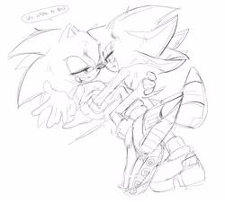 Size: 2048x1848 | Tagged: suggestive, artist:tamjeong_sonic, shadow the hedgehog, sonic the hedgehog, 2025, duo, gay, greyscale, hand on another's back, korean text, lidded eyes, looking at each other, looking at them, monochrome, scratch (injury), shadow x sonic, shipping, simple background, sketch, speech bubble, white background