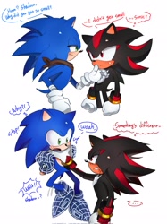 Size: 1532x2048 | Tagged: safe, artist:tamjeong_sonic, shadow the hedgehog, sonic the hedgehog, sonic prime, 2025, duo, english text, gay, hand on another's neck, looking at each other, looking at them, mouth open, shadow x sonic, shipping, simple background, smile, sonic boom (tv), speech bubble, thought bubble, white background
