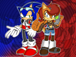 Size: 3847x2887 | Tagged: safe, artist:pensforpenc1ls, nicole the handheld, sally acorn, sonic the hedgehog, chipmunk, hedgehog, 2025, alternate outfit, clothes, duo, female, fully clothed, glasses, headphones, jacket, looking at viewer, male, pants, pose, sally x sonic, shipping, smile, straight