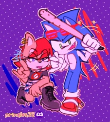 Size: 751x829 | Tagged: safe, artist:pringlesbun, sally acorn, sonic the hedgehog, chipmunk, hedgehog, 2023, alternate outfit, baseball bat, clothes, discord (website), duo, female, glasses, holding something, male, pose, sally x sonic, shipping, straight, tongue out
