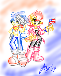 Size: 720x900 | Tagged: safe, artist:jayfoxfire, sally acorn, sonic the hedgehog, chipmunk, hedgehog, 2019, 4th of july, american flag, country flag, duo, female, male, sally x sonic, salute, shipping, straight
