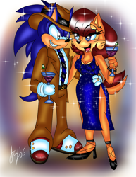 Size: 2975x3850 | Tagged: safe, artist:jayfoxfire, sally acorn, sonic the hedgehog, chipmunk, hedgehog, 2025, alternate outfit, clothes, cocktail, dress, drink, duo, fedora, female, fully clothed, hat, holding something, male, sally x sonic, shipping, sparkles, straight, suit