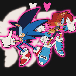 Size: 943x943 | Tagged: safe, artist:newgennitro, sally acorn, sonic the hedgehog, chipmunk, hedgehog, 2024, duo, female, heart, heart background, male, pointing, pose, sally x sonic, sally's ringblader outfit, shipping, straight