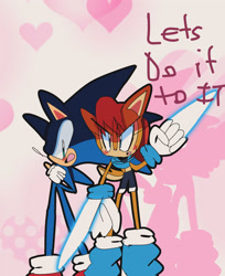Size: 2268x2782 | Tagged: safe, artist:newgennitro, sally acorn, sonic the hedgehog, chipmunk, hedgehog, 2024, dialogue, duo, english text, female, fighting pose, male, pose, sally x sonic, sally's ringblader outfit, shipping, straight