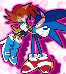 Size: 1816x2048 | Tagged: safe, artist:newgennitro, sally acorn, sonic the hedgehog, chipmunk, hedgehog, 2024, blushing, duo, female, happy, heart background, holding them, male, sally x sonic, sally's ringblader outfit, shipping, straight
