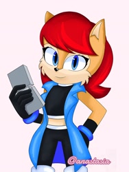 Size: 1536x2048 | Tagged: safe, artist:anastasia124067, nicole the handheld, sally acorn, chipmunk, 2026, cheek fluff, female, head tilt, holding something, looking at viewer, movie style, sally's ringblader outfit, simple background, smile, smiling at viewer, solo