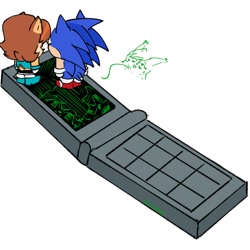 Size: 1280x1280 | Tagged: safe, artist:erik.afton, artist:lonelysaito, nicole the hololynx, sally acorn, sonic the hedgehog, chipmunk, hedgehog, lynx, 2026, chibi, female, from above, from behind, hololynx, male, phone, sally x sonic, sally's ringblader outfit, shipping, simple background, standing, straight, trio, white background