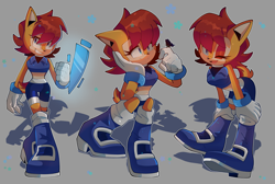 Size: 7351x4940 | Tagged: safe, artist:isabellaexpertartist, sally acorn, chipmunk, 2025, butterfly, female, fighting pose, flower (symbol), grey background, insect, literal animal, looking at viewer, pose, sally's ringblader outfit, simple background, sitting, smile, solo