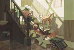 Size: 1819x1228 | Tagged: safe, artist:cham__623, miles "tails" prower, sonic the hedgehog, 2025, book, duo, holding something, indoors, reading, sitting, smile, stairs