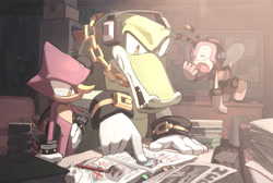 Size: 1795x1205 | Tagged: safe, artist:cham__623, charmy bee, espio the chameleon, vector the crocodile, 2025, eyes closed, hand on hip, indoors, pointing, standing, team chaotix, trio