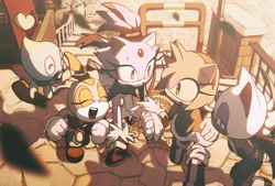 Size: 1200x810 | Tagged: safe, artist:cham__623, amy rose, blaze the cat, cheese (chao), cream the rabbit, rouge the bat, chao, 2025, eyes closed, group, heart, holding hands, mouth open, neutral chao, outdoors, smile, standing, walking