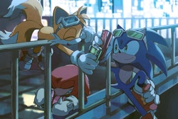 Size: 1200x806 | Tagged: safe, artist:cham__623, knuckles the echidna, miles "tails" prower, sonic the hedgehog, 2025, goggles, goggles on head, grin, holding something, looking at them, riders outfit, sitting, smile, soda, sonic riders, team sonic, trio