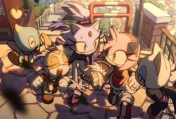 Size: 1819x1228 | Tagged: safe, artist:cham__623, amy rose, blaze the cat, cheese (chao), cream the rabbit, rouge the bat, chao, 2024, eyes closed, group, heart, holding hands, mouth open, neutral chao, outdoors, smile, standing, walking