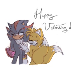 Size: 800x771 | Tagged: safe, artist:chessozfactory, miles "tails" prower, shadow the hedgehog, 2026, age difference, blushing, chocolate box, duo, english text, exclamation mark, eyes closed, frown, gay, hand behind back, heart, looking away, shadow x tails, shipping, simple background, smile, standing, sweatdrop, text, valentine's day, white background