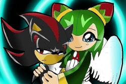 Size: 588x392 | Tagged: safe, artist:martyna-chan, cosmo the seedrian, shadow the hedgehog, 2008, angel, angel wings, duo, frown, holding each other, holding them, lidded eyes, looking at viewer, smile, standing, wings