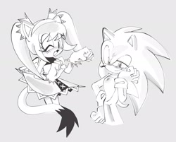 Size: 2048x1645 | Tagged: safe, artist:hedgehogtrap_, honey the cat, sonic the hedgehog, 2026, duo, eye clipping through hair, flat colors, grey background, hand on face, looking at viewer, monochrome, paw pose, posing, simple background, smile, standing, wink