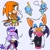Size: 1000x1000 | Tagged: safe, artist:woniksonik, blaze the cat, cheese (chao), rouge the bat, tikal, chao, 2026, bending over, front view, frown, grey background, group, hand on hip, head tilt, kneeling, looking at each other, looking at them, looking at viewer, neutral chao, pointing, question mark, signature, simple background, smile, smiling at viewer, standing, sweatdrop, thought bubble