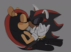 Size: 2048x1510 | Tagged: safe, artist:imlostandgay, mighty the armadillo, shadow the hedgehog, 2026, blushing, duo, eyes closed, fur markings, gay, grey background, holding hands, kiss, kneeling, mightadow, shipping, simple background