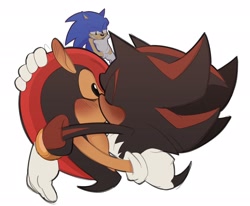 Size: 2048x1688 | Tagged: safe, artist:tenderandmilder, mighty the armadillo, shadow the hedgehog, sonic the hedgehog, 2026, blushing, duo focus, eyes closed, gay, holding each other, kiss, looking at them, mightadow, shipping, simple background, smile, trio, white background