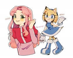 Size: 2048x1623 | Tagged: safe, artist:ureuizy, amy rose, maria robotnik, human, 2026, color swap, cute, duo, exclamation mark, korean text, looking at viewer, pointing, signature, simple background, smile, text, white background