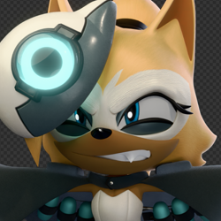 Size: 541x541 | Tagged: safe, artist:stixstixy, whisper the wolf, 2026, 3d, angry, checkered background, clenched teeth, close-up, fangs, looking offscreen, solo, squinting