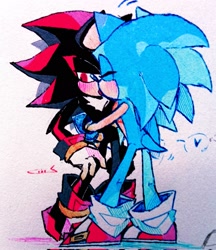 Size: 1769x2048 | Tagged: safe, artist:chuan_rou58791, shadow the hedgehog, sonic the hedgehog, 2025, blushing, duo, gay, heart, hugging, kiss, shadow x sonic, shipping, signature, standing, traditional media