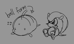 Size: 758x455 | Tagged: safe, artist:tyloona36774, mighty the armadillo, 2026, aged down, baby, barefoot, blushing, curled up, english text, grey background, looking offscreen, pawpads, paws, simple background, sitting, smile, solo, sweatdrop, text