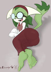 Size: 2480x3508 | Tagged: safe, artist:dweezyvox, megani the jackal, jackal, 2026, barefoot, bootyfull megani, butt, grey background, humanoid feet, looking at viewer, lying down, lying on side, mouth open, raised tail, shadow (lighting), signature, simple background, smile, solo, sweatdrop