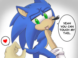 Size: 800x601 | Tagged: safe, artist:darkshadowvalentine, sonic the hedgehog, human, 2010, chest fluff, dialogue, duo, english text, gradient background, hand, heart, looking back, solo focus, speech bubble, tail, text, tongue out