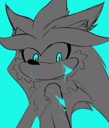 Size: 1208x1420 | Tagged: safe, artist:rwmsicle, silver the hedgehog, 2025, alternate eye color, blood, blood stain, blue background, blue blood, blue eyes, flat colors, implied murder, limited palette, monochrome, no mouth, simple background, solo, spot color, standing