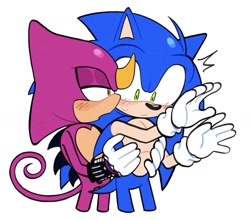 Size: 1160x1021 | Tagged: safe, artist:woniksonik, espio the chameleon, sonic the hedgehog, 2026, blushing, duo, frown, gay, hugging, hugging from behind, lidded eyes, shipping, simple background, sonespio, standing, surprise hug, surprised, white background