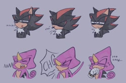 Size: 2048x1351 | Tagged: safe, artist:aleespace-art, espio the chameleon, shadow the hedgehog, 2026, bust, duo, english text, eyes closed, frown, grey background, headcanon, mouth open, sfx, simple background, sneezing, squinting, sweatdrop, text