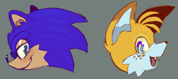 Size: 3910x1750 | Tagged: safe, artist:premamelody, miles "tails" prower, sonic the hedgehog, 2022, cheek fluff, duo, fangs, flat colors, freckles, fur markings, grey background, head only, looking at viewer, mouth open, redesign, simple background, smile