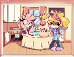 Size: 1135x867 | Tagged: safe, artist:meliahboon, amy rose, bunnie rabbot, hedgehog, rabbit, 2025, baking, cake, duo, female, food, fruit, kitchen, roboticized, strawberry