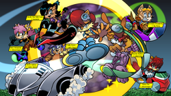 Size: 1280x720 | Tagged: safe, artist:unhinged_honey, antoine d'coolette, bunnie rabbot, fiona fox, mina mongoose, nicole the hololynx, rotor walrus, sally acorn, chipmunk, coyote, fox, lynx, mongoose, rabbit, walrus, 2025, car, extreme gear, female, fiona's jumpsuit, group, male, ring, sally's vest and boots, sonic racing crossworlds, vehicle