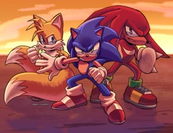 Size: 1280x985 | Tagged: safe, artist:droffagner, knuckles the echidna, miles "tails" prower, sonic the hedgehog, echidna, fox, hedgehog, 2025, evening, fighting pose, looking at viewer, male, pose, standing, trio