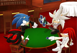 Size: 1500x1050 | Tagged: safe, artist:splushmaster12, knuckles the echidna, shadow the hedgehog, silver the hedgehog, sonic the hedgehog, echidna, hedgehog, 2015, bar, card, cassino card game, chair, clothes, fully clothed, male, playing, quartet, sitting, suit, table