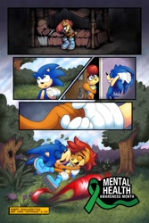 Size: 1000x1500 | Tagged: safe, artist:jammerlee, sally acorn, sonic the hedgehog, chipmunk, hedgehog, 2024, bed, bedroom, carrying them, daytime, duo, female, happy, holding hands, male, mental health awareness, plant, running, sally x sonic, sally's vest and boots, shipping, straight, tree, visiting, worry