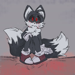 Size: 2048x2048 | Tagged: safe, artist:kptya, miles "tails" prower, oc, oc:tails.exe, 2023, black sclera, bleeding, bleeding from eyes, blood, frown, grey background, looking offscreen, signature, simple background, sitting, solo, sweatdrop
