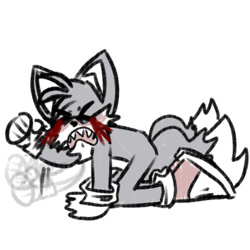 Size: 880x880 | Tagged: safe, artist:kptya, miles "tails" prower, oc, oc:tails.exe, 2023, all fours, bleeding, bleeding from eyes, blood, clenched fists, eyes closed, flat colors, mouth open, sharp teeth, simple background, sketch, solo, white background