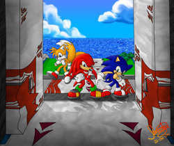 Size: 1394x1170 | Tagged: safe, artist:sonicolas, knuckles the echidna, miles "tails" prower, sonic the hedgehog, sonic heroes, 2004, abstract background, clouds, daytime, ocean, ocean palace, outdoors, signature, team sonic, trio