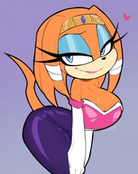 Size: 1204x1517 | Tagged: suggestive, artist:nelljoestar, tikal, busty tikal, cleavage, grey background, heart, outfit swap, rouge's heart top, simple background, solo