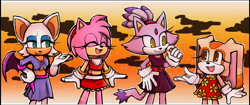 Size: 3450x1450 | Tagged: safe, artist:ch1b1k0, amy rose, blaze the cat, cream the rabbit, rouge the bat, clouds, group, outdoors, outline, smile, swimsuit