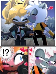 Size: 810x1080 | Tagged: safe, artist:tate3_otoire, tangle the lemur, whisper the wolf, lemur, wolf, 2025, blushing, comic, duo, exclamation mark, heart, holding something, kiss, kiss on cheek, lesbian, nighttime, outdoors, outline, panels, question mark, shipping, signature, sitting, smile, surprised, tangle x whisper, weapon, wispon