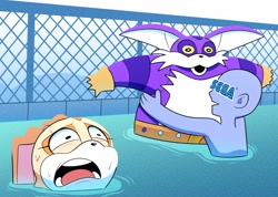Size: 1972x1407 | Tagged: safe, artist:galaxy_cowboy, big the cat, cream the rabbit, oc, oc:anon, cat, human, rabbit, drowning, female, hug, male, pool, sega logo, water