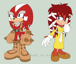 Size: 1020x860 | Tagged: safe, artist:torykitty, lara-le, locke the echidna, echidna, 2025, alternate outfit, boots, dress, duo, female, gloves, male, simple background, vest