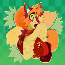 Size: 2048x2048 | Tagged: safe, artist:katplantsart, miles "tails" prower, 2026, alternate outfit, blushing, clothes, freckles, fur markings, looking at viewer, oversized, solo, sweater, tongue out