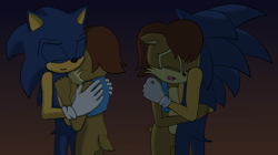 Size: 2268x1266 | Tagged: safe, artist:nalathequeen2186, sally acorn, sonic the hedgehog, chipmunk, hedgehog, 2017, comforting, crying, duo, female, hugging, male, sally x sonic, sally's vest and boots, shipping, straight, tears